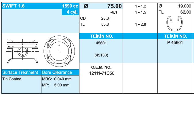 45601-STD Teikin juego de piston para motor, std