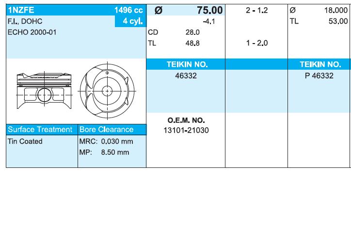  Juego De Piston Para Motor, 2da reparación (+ 0,50) para Toyota Echo 