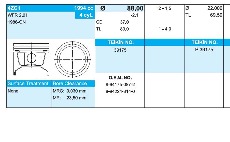  Juego De Piston Para Motor, 2da reparación (+ 0,50) para Isuzu Midi 94000, 98000