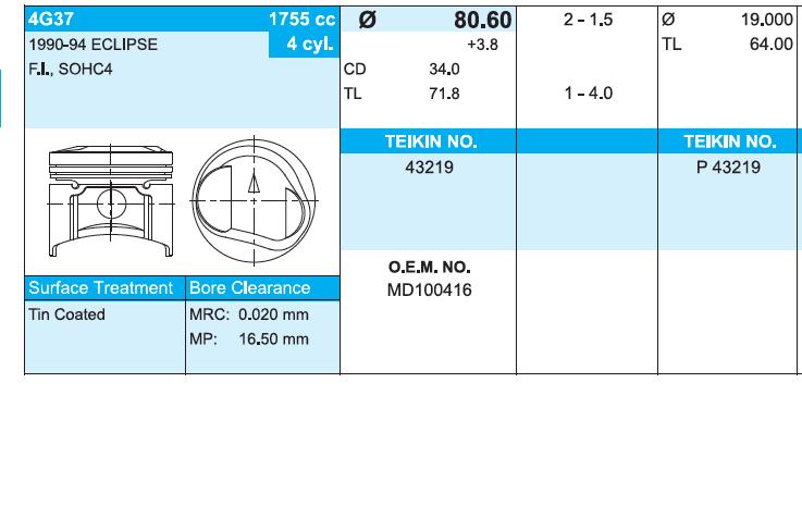 43219STD Teikin juego de piston para motor, std