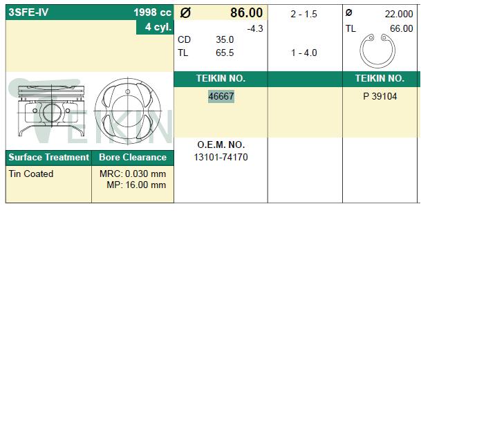 46667-STD Teikin juego de piston para motor, std