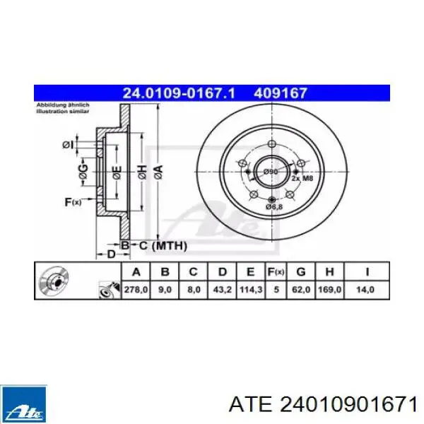 24.0109-0167.1 ATE disco de freno trasero