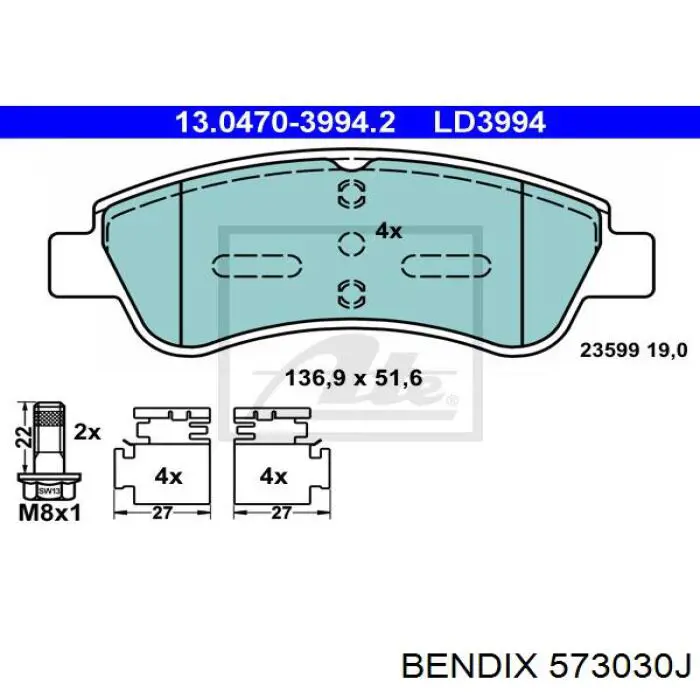 573030J Jurid/Bendix pastillas de freno delanteras