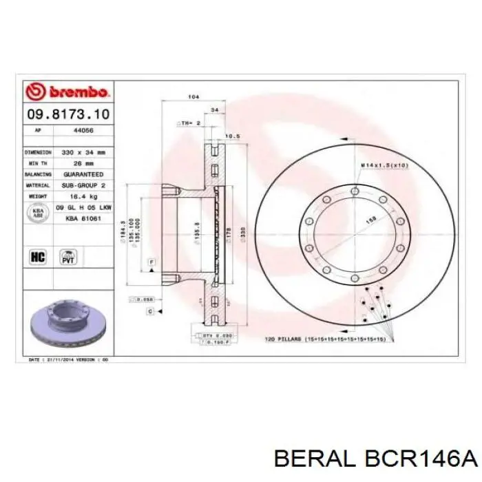 BCR146A Beral disco de freno trasero