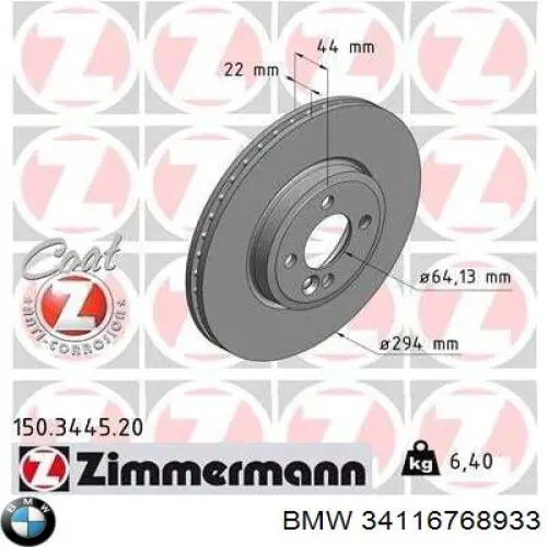 34116768933 BMW freno de disco delantero