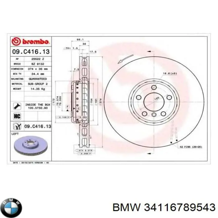 34116789543 BMW freno de disco delantero