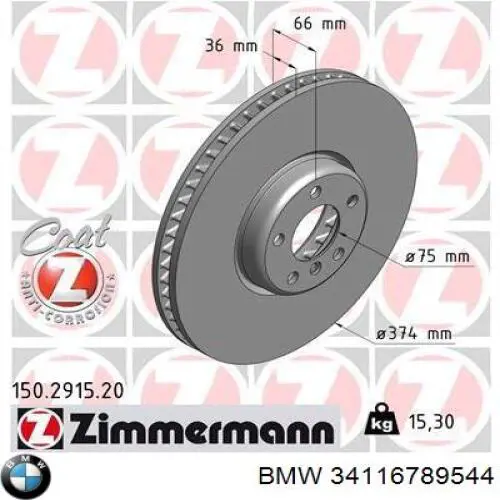 34116789544 BMW freno de disco delantero