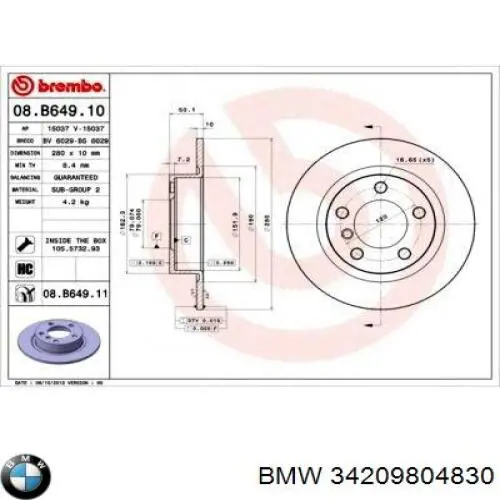 34209804830 BMW disco de freno trasero