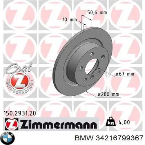 34216799367 BMW disco de freno trasero