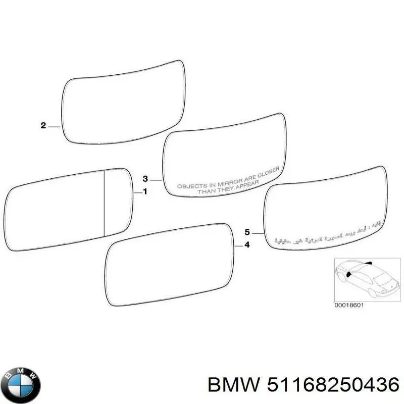 51168250436 BMW cristal de espejo retrovisor exterior izquierdo