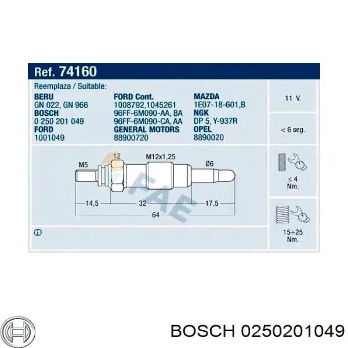 0 250 201 049 Bosch bujía de incandescencia