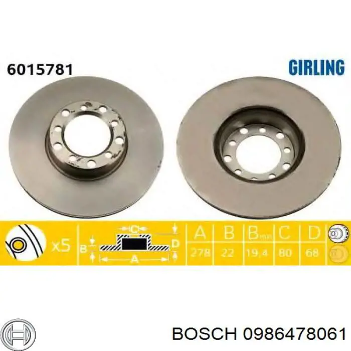 0986478061 Bosch freno de disco delantero