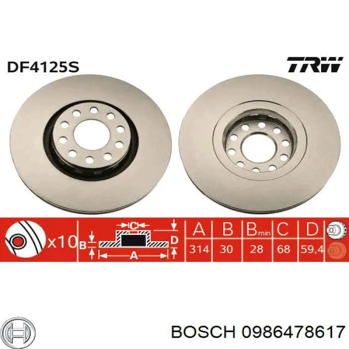 0 986 478 617 Bosch freno de disco delantero