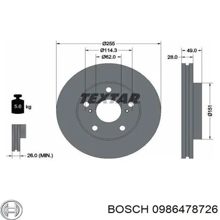 0 986 478 726 Bosch freno de disco delantero