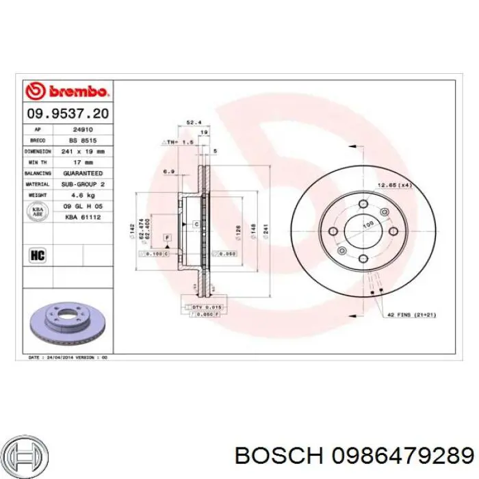 0986479289 Bosch freno de disco delantero