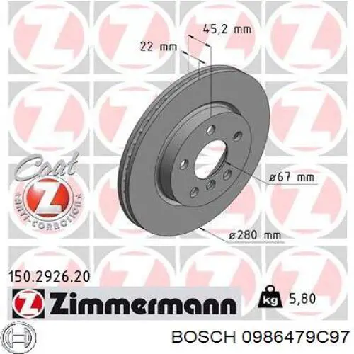 0986479C97 Bosch freno de disco delantero