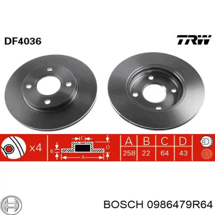 0986479R64 Bosch freno de disco delantero