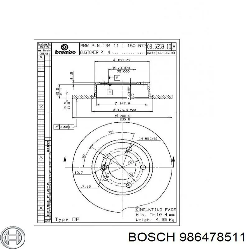 986478511 Bosch freno de disco delantero