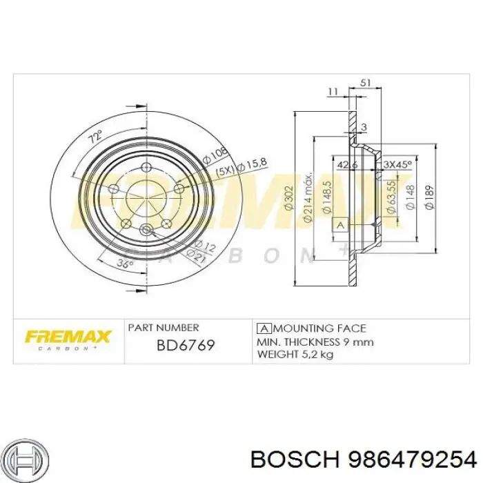 986479254 Bosch disco de freno trasero