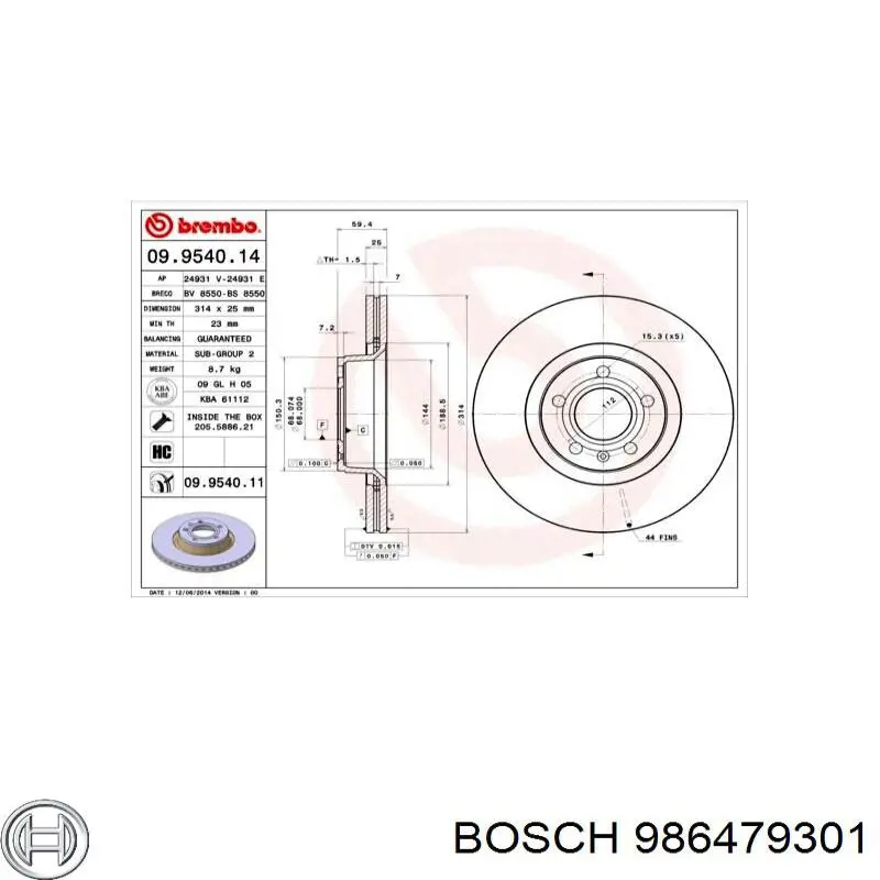 986479301 Bosch freno de disco delantero