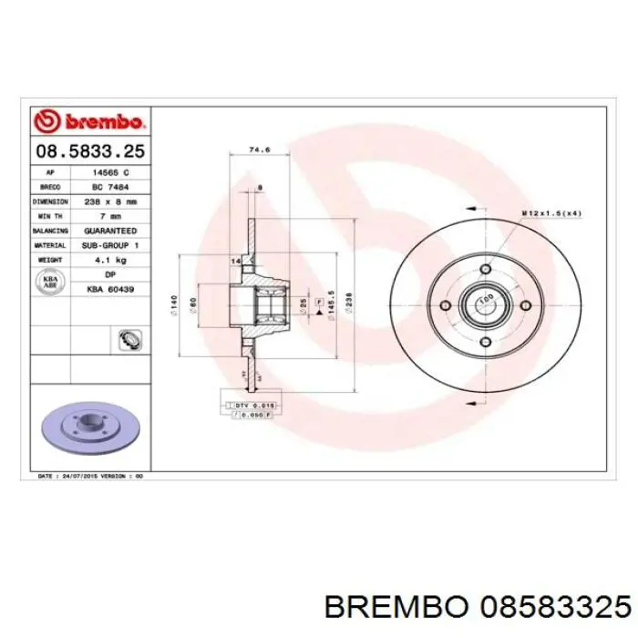 08.5833.25 Brembo disco de freno trasero