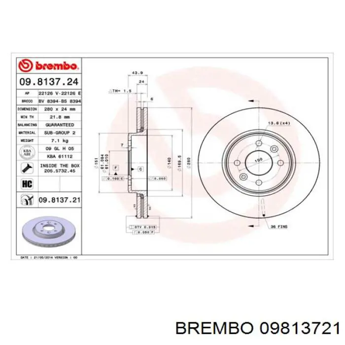 09.8137.21 Brembo freno de disco delantero