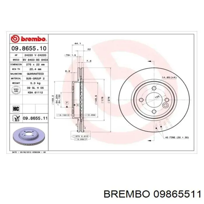 09.8655.11 Brembo freno de disco delantero