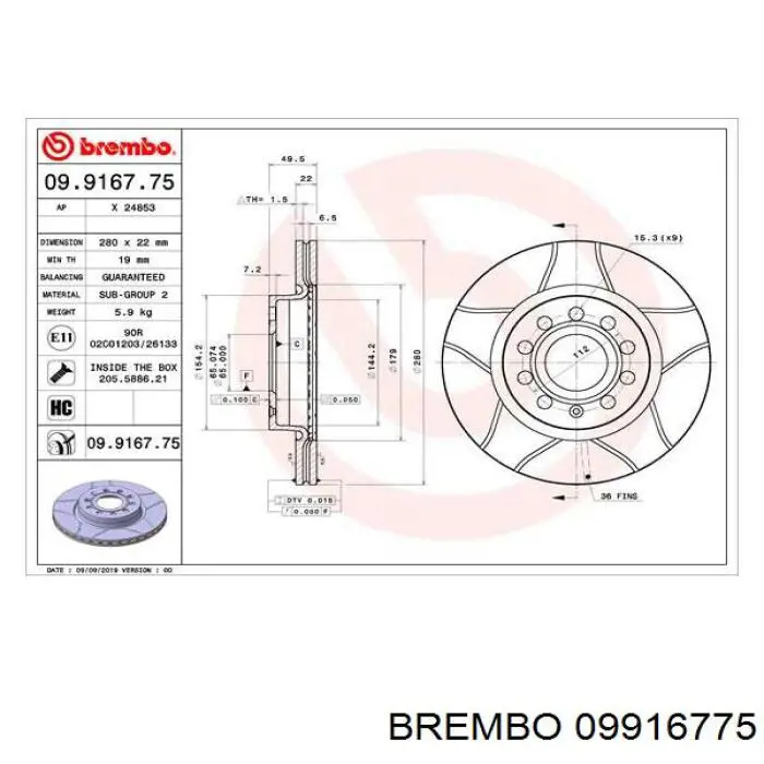 09.9167.75 Brembo freno de disco delantero