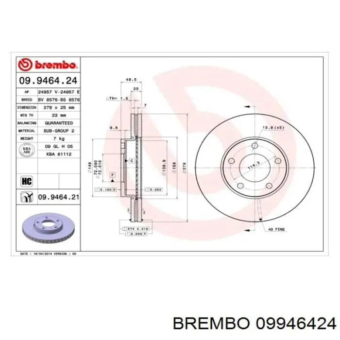 09.9464.24 Brembo freno de disco delantero