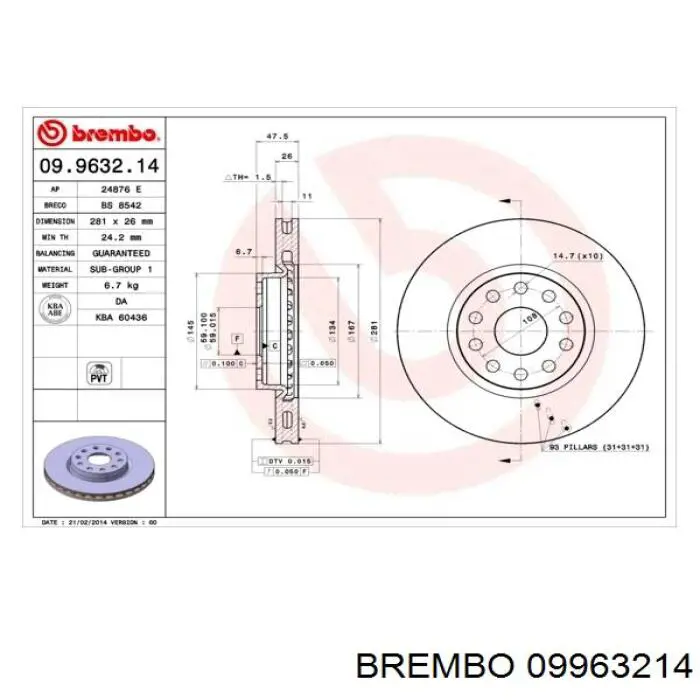 09.9632.14 Brembo freno de disco delantero