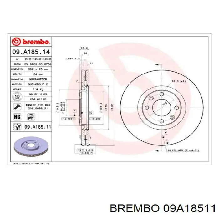 09.A185.11 Brembo freno de disco delantero