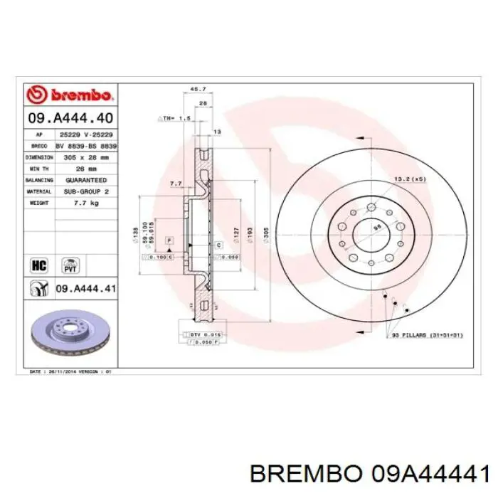 09.A444.41 Brembo freno de disco delantero