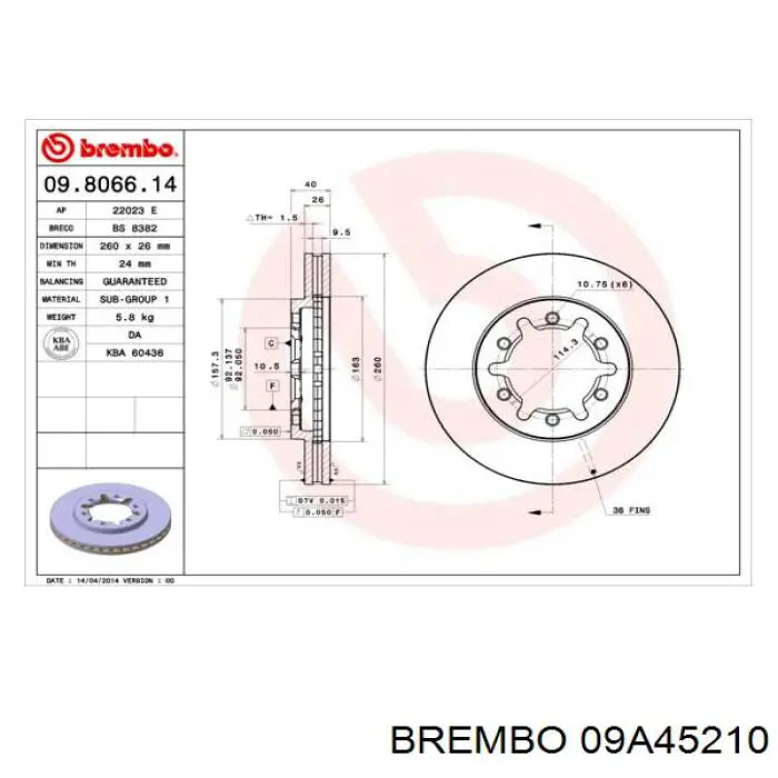 09.A452.10 Brembo freno de disco delantero