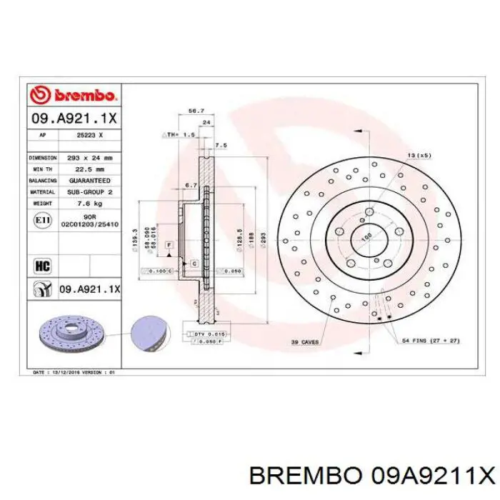 09.A921.1X Brembo freno de disco delantero