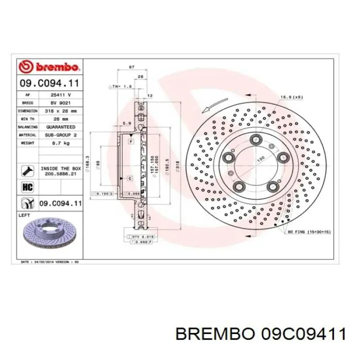 09C09411 Brembo freno de disco delantero