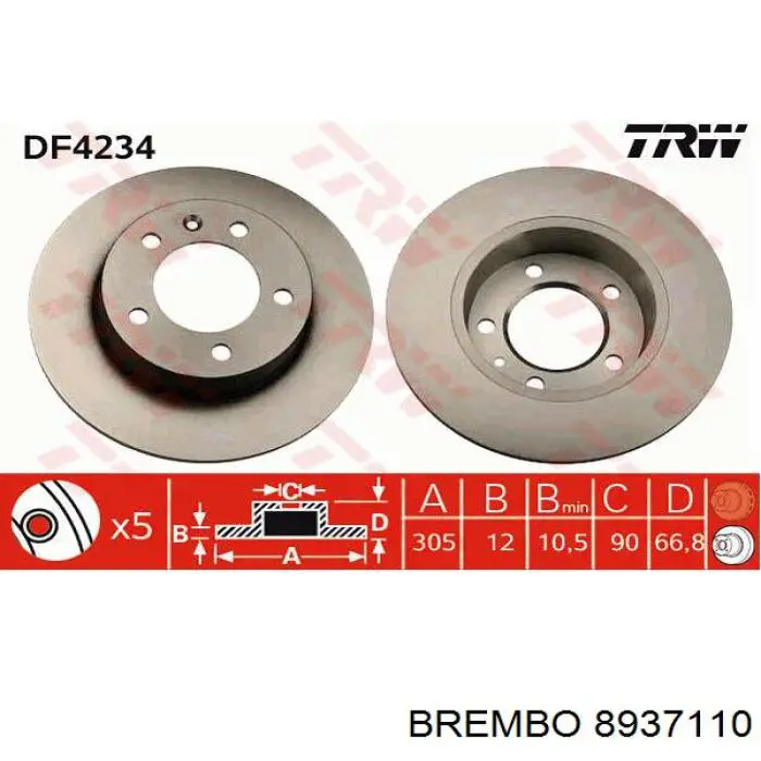 8937110 Brembo disco de freno trasero