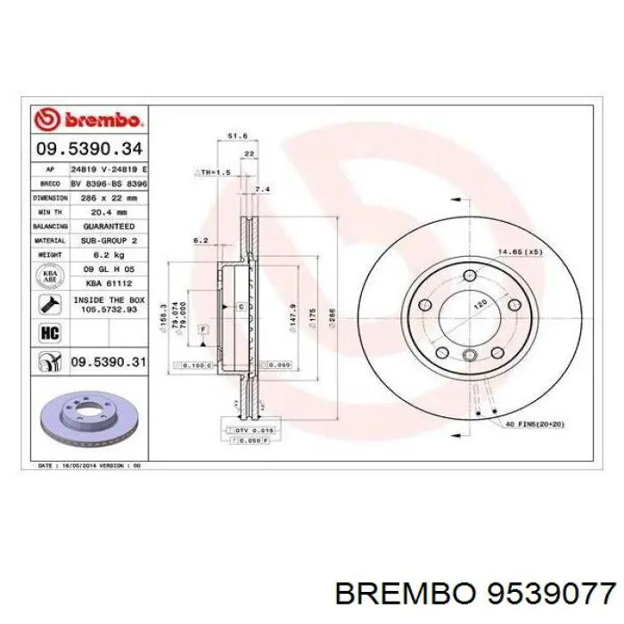 9539077 Brembo freno de disco delantero