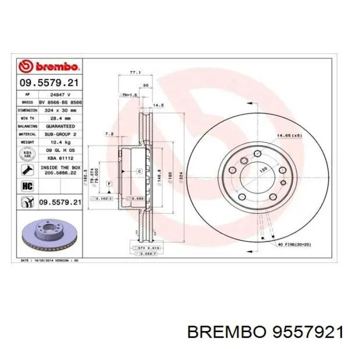 9557921 Brembo freno de disco delantero