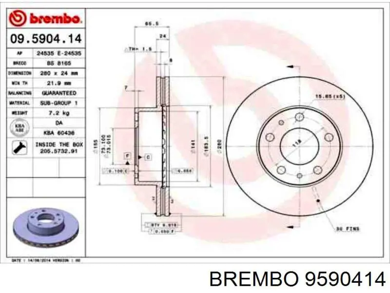 9590414 Brembo freno de disco delantero