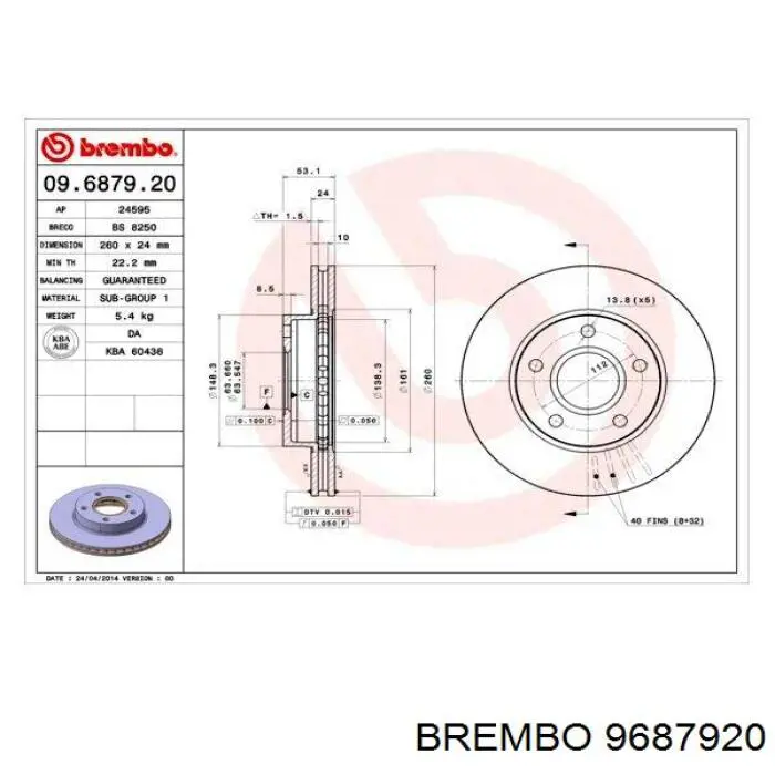 9687920 Brembo freno de disco delantero