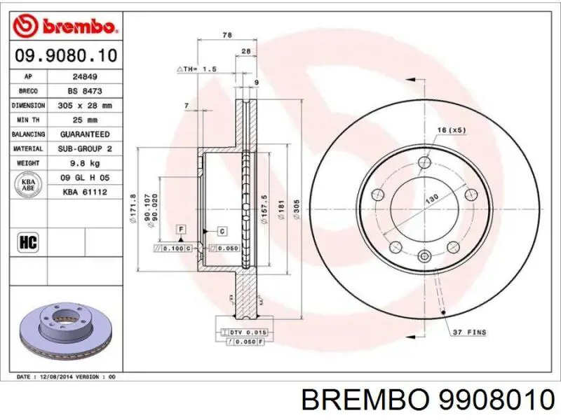 9908010 Brembo freno de disco delantero