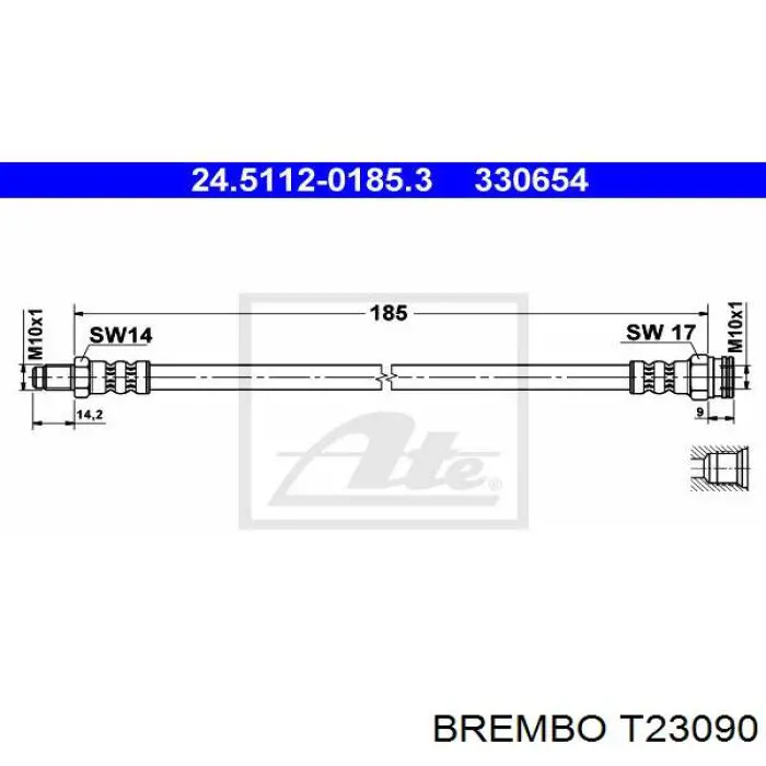 T23090 Brembo tubo flexible de frenos trasero