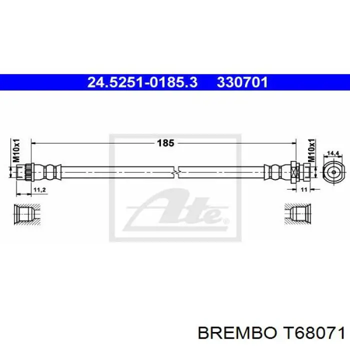 T68071 Brembo tubo flexible de frenos trasero