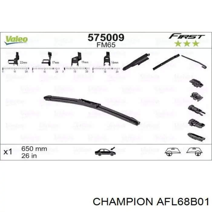 AFL68B01 Champion juego de limpiaparabrisas de luna delantera, 2 piezas