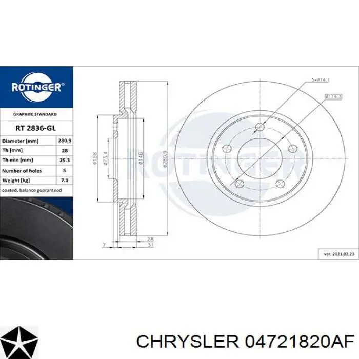 04721820AF Chrysler freno de disco delantero