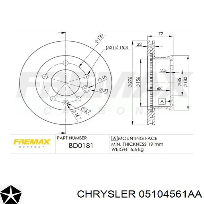 K05104561AA Fiat/Alfa/Lancia freno de disco delantero