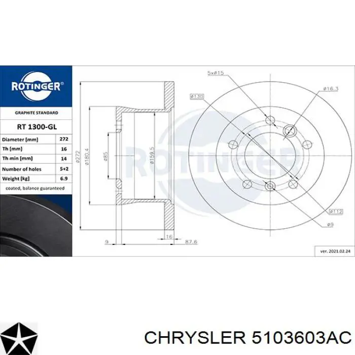 5103603AC Chrysler disco de freno trasero