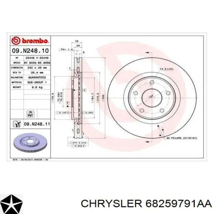 68259791AA Chrysler freno de disco delantero