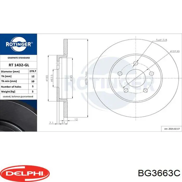 BG3663C Delphi disco de freno trasero