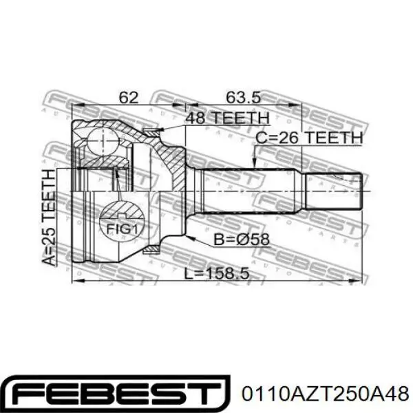 0110-AZT250A48 Febest junta homocinética exterior delantera